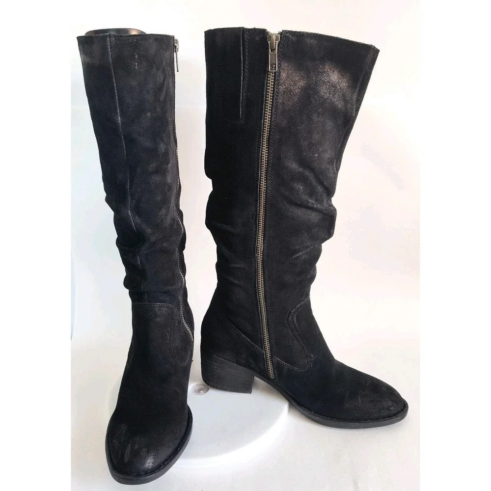 Born Boots Size 7 Knee High Tall Riding Suede Black Slouchy Distressed Lined